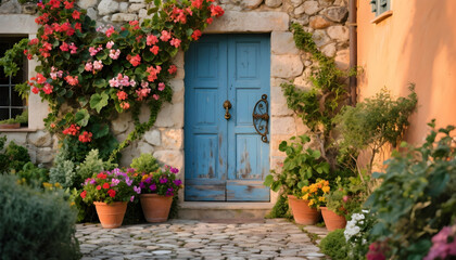 Fototapeta premium Charming stone villa entrance with blue door, vibrant flowers, and warm sunlight. 