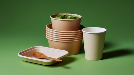 Eco friendly disposable food containers and cup with wooden spoon on green background, natural and sustainable design