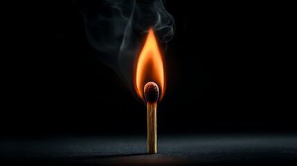 Ignition concept of a burning matchstick with centered flame fire closeup in a minimalist background