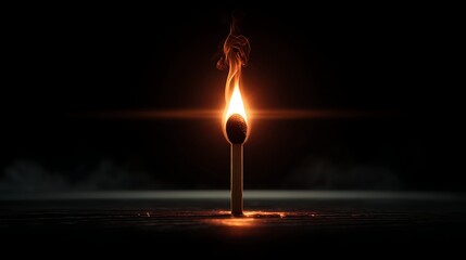 Ignition concept of a burning matchstick with centered flame fire closeup on minimalist background