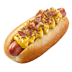 Delicious hot dog with mustard and bacon bits isolated on transparent background.