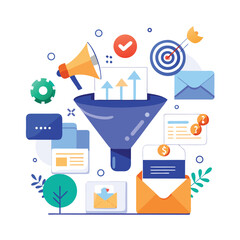 Illustrated marketing and sales funnel concept showing conversion and success with targeted business strategies and customer engagement.