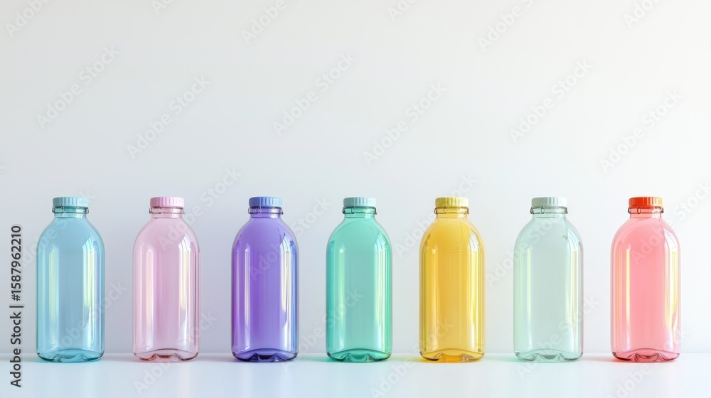 Poster 3d rendering of various colored water bottles in a row on white