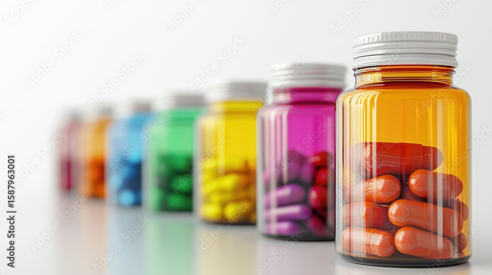 Aufkleber 3d rendering of multivitamin bottles in a lineup on white