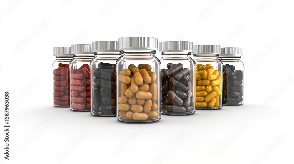 Poster 3d rendering of multivitamin bottles in a lineup on white