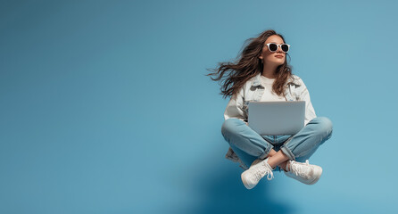 A young woman is floating in the air, holding her laptop, portatile, business