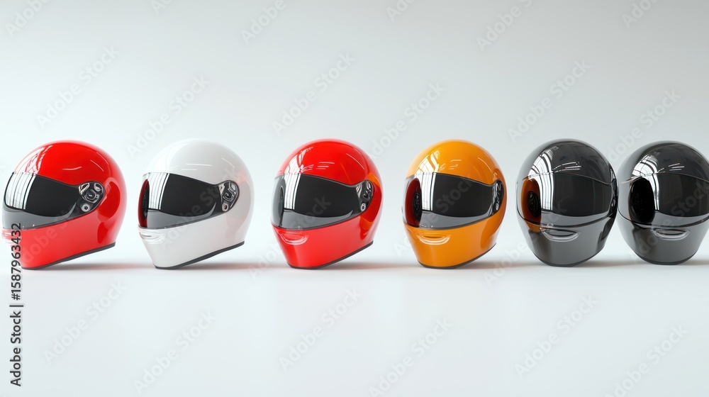 Poster 3d rendering of helmets in a row on white background
