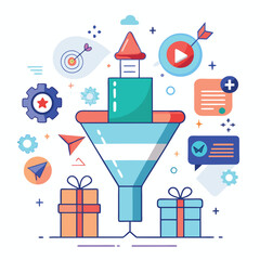 Fototapeta premium Marketing funnel infographics depicting lead generation with a target symbol gear icon paper airplane and present gifts on a white background
