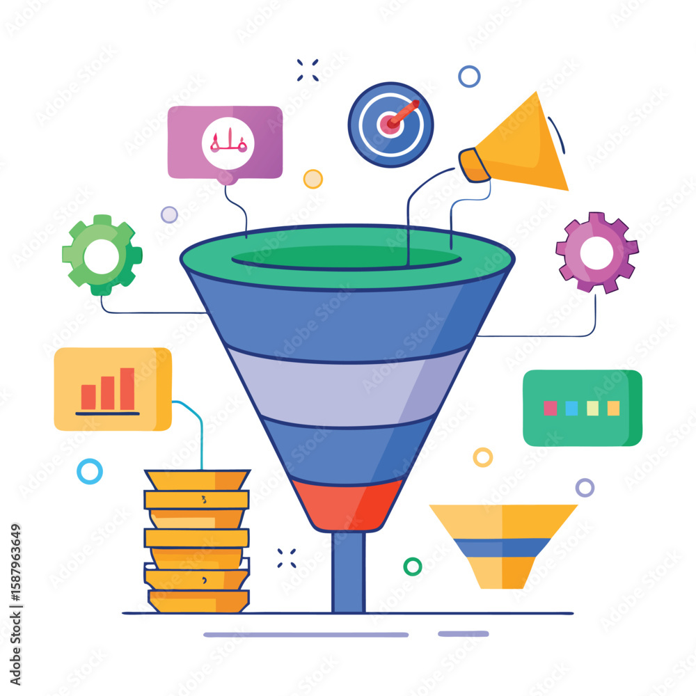 Poster marketing funnel visualization representing sales and lead generation with business strategy element