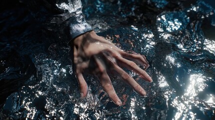 A hand reaching out of a liquid mercury pool, hyper-realistic