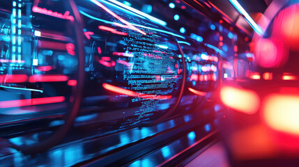 Futuristic technology with glowing neon lights and digital data streams creates vibrant atmosphere of innovation and progress