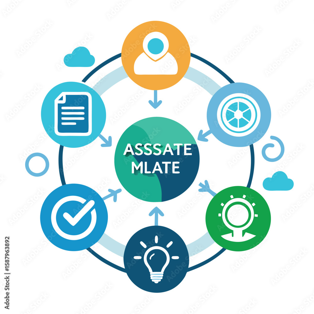Poster modern circular process diagram illustrating steps of planning and execution with relevant icons and