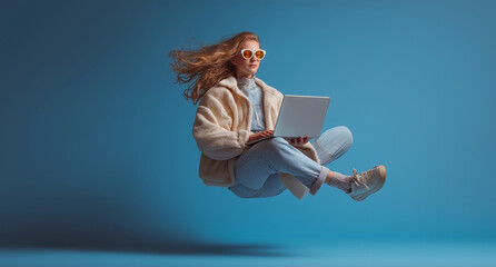 A young woman is floating in the air, holding her laptop, portatile, business
