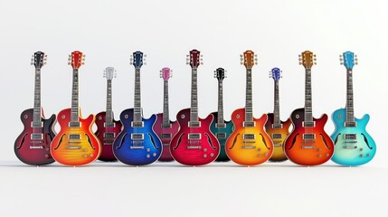 3D rendering of electric guitars in a lineup on white