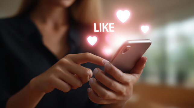 Social media interaction concept with woman using smartphone and glowing like heart icons floating
