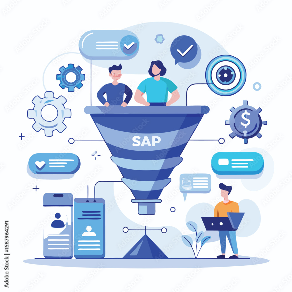 Poster modern illustration of sap funnel process concept with team members and additional business and tech