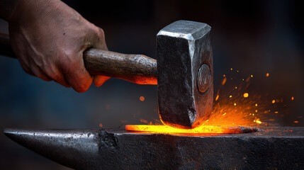 Blacksmith hammering glowing hot metal on anvil with sparks flying, showing intense craftsmanship and heat