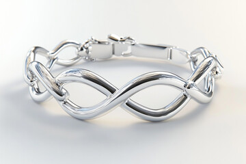 Obraz premium Shiny sterling silver bracelet with interwoven infinity symbols lies elegantly on a clean white surface showcasing its intricate design.
