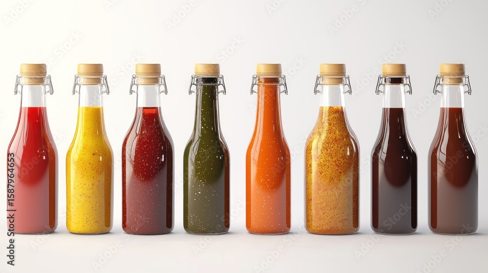 Poster 3d rendering of different bottled sauces in lineup on white