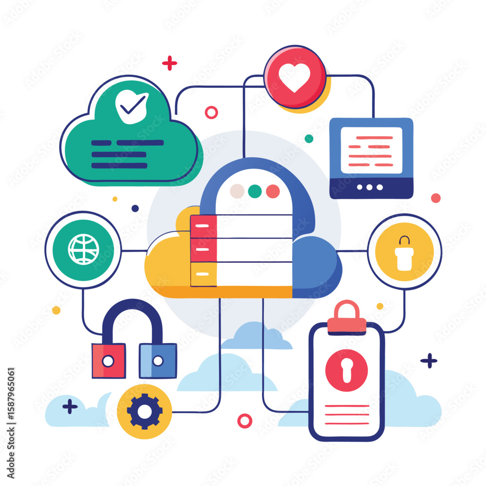 Aufkleber vector illustration depicting cloud computing server and network security icons for data protection 