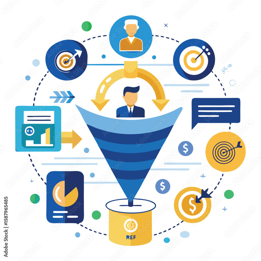 Poster visual representation of a business development strategy with a funnel infographic concept showcasin