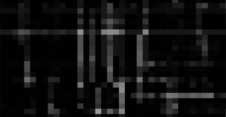 This grayscale image showcases an abstract network of interwoven lines and square pixels against a dark backdrop, crafting a sense of mystery and digital complexity