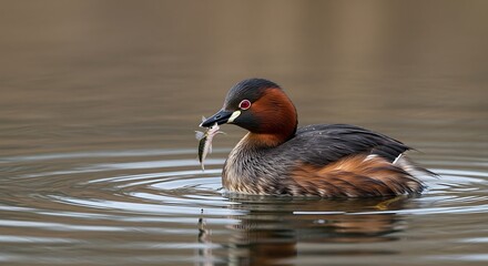 Fototapeta premium Little Grebe with Captured Fish in Calm Waters, showcasing natural behavior and plumage,