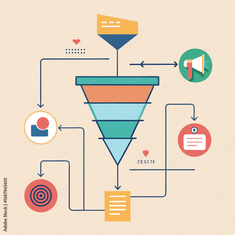 Poster visual representation of customer journey and marketing funnel process with abstract diagrams and ic