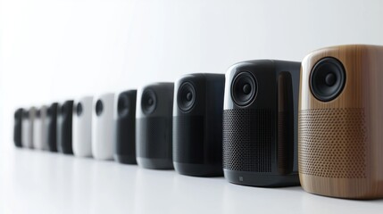 3D rendering of bluetooth speakers in lineup on white