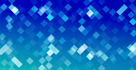 Vibrant blue and teal gradient background showcases a dynamic mosaic of overlapping rhombus shapes and geometric fragments, creating a modern, pixelated effect with an energetic vibe