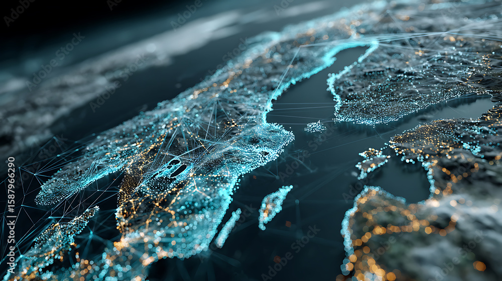 Aufkleber global network connection digital technology world map europe scandinavia data visualization