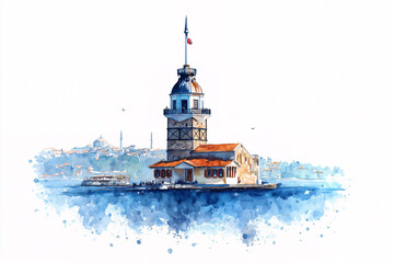 Watercolor sketch of Maiden’s Tower in Istanbul