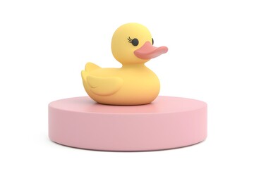 Cute Yellow Rubber Duck on Pink Pedestal: 3D Render
