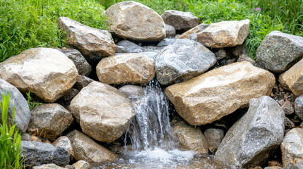 Serene photo of cascading water flow over smooth stones, surrounded by lush greenery, creating peaceful natural scene