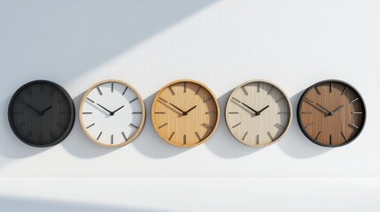 3d render lineup of wall clocks on white background