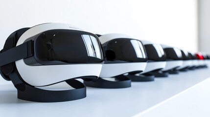 Naklejka premium 3d render lineup of VR headsets on white background