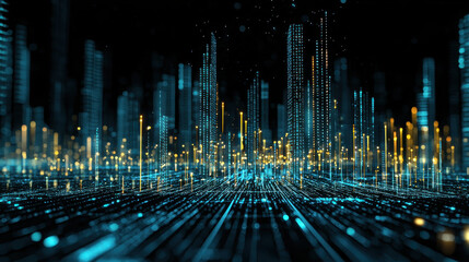 Digital cityscape with glowing skyscrapers and vibrant lights, creating futuristic atmosphere