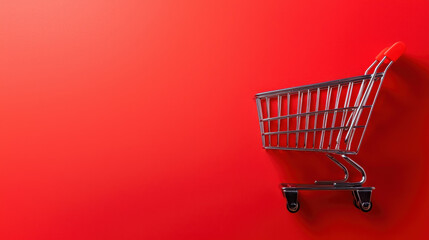 Shopping cart against vibrant red background symbolizes e commerce and retail. This captures essence of online shopping