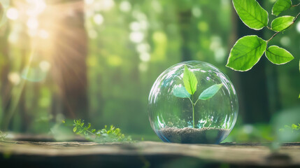 Vibrant green plant grows inside transparent bubble, symbolizing sustainability and nature resilience. soft sunlight filters