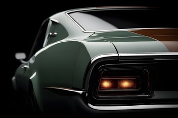 Classic Green Car with Retro Design and Bright Tail Light in Dark Environment