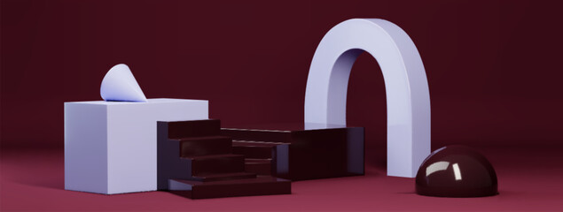 Modern 3d stair podium scene with purple arch and geometric shapes on burgundy background. minimalist display platform with cube pedestals, spheres and abstract forms for product showcase design.