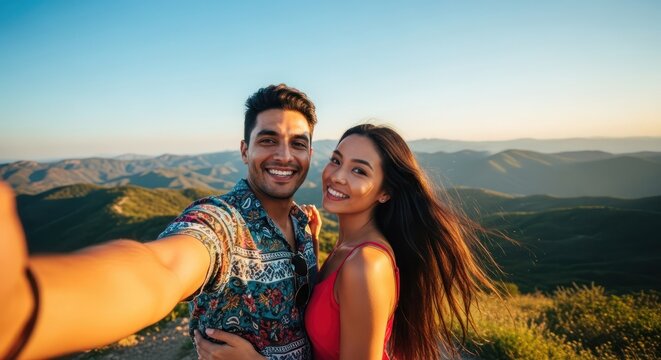 Happy couple takes a selfie atop a mountain, enjoying a scenic sunset view.