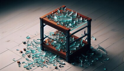 A broken glass shelf the shards still resting on the brackets ea