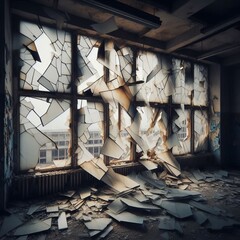 A broken window in an abandoned building large shards dangling p