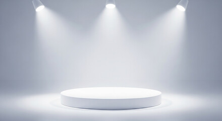 A minimalist white cylindrical podium bathed in the soft glow of three overhead spotlights creating a clean stage for presentation or display