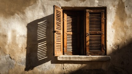 Aged stone wall with open wooden shutters, sunlit shadows