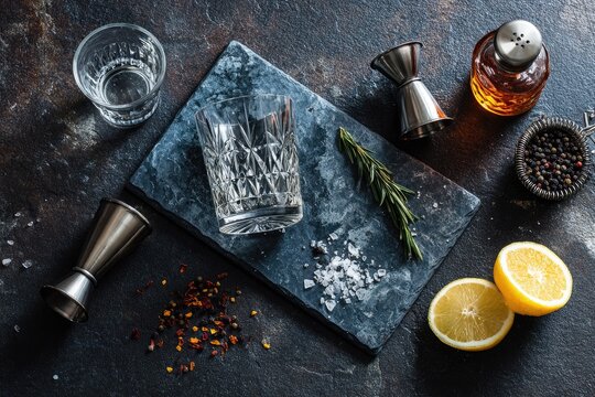 Cocktail ingredients and bar tools on dark surface