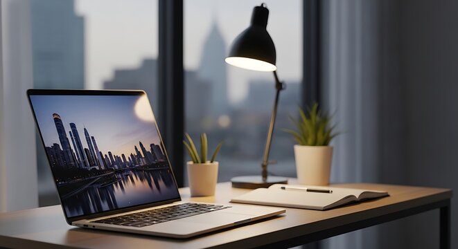 Modern workspace with laptop lamp and plants against a blurred cityscape backdrop