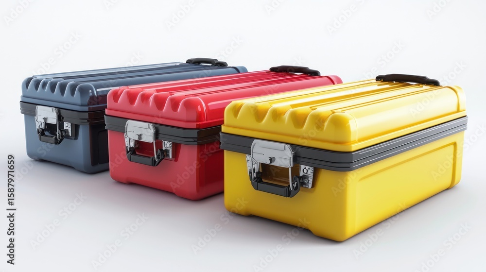 Poster 3d render lineup of toolboxes on white background