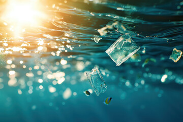 Plastic waste floating in deep ocean, reflecting sunlight, creates striking visual of pollution and its impact on marine life
